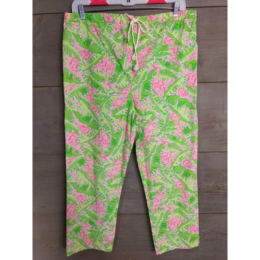 Lilly Pulitzer Musical Monkey Leaf Print High Rise Lounge Pants Pink Green M